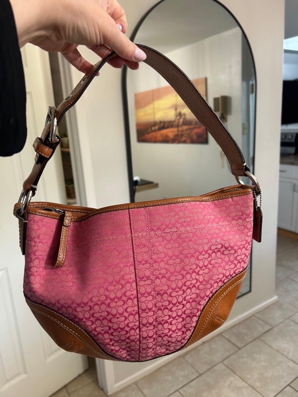 Y2K Coach Medium Pink Signature Canvas Soho Hobo with Brown Leather Trim